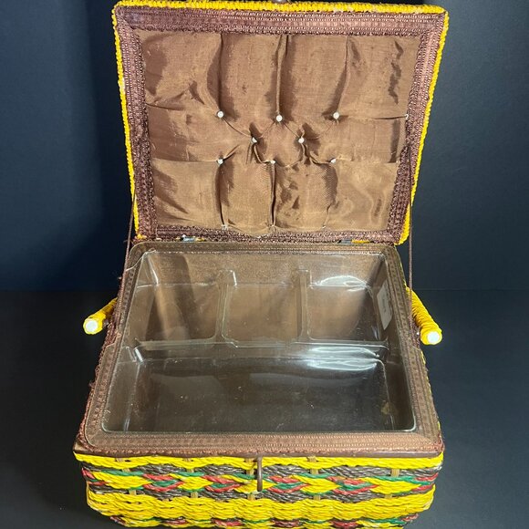 Vintage Sears Yellow & Brown Woven Wicker Hinged Lid Sewing Basket Box w/ Handle - Picture 7 of 11